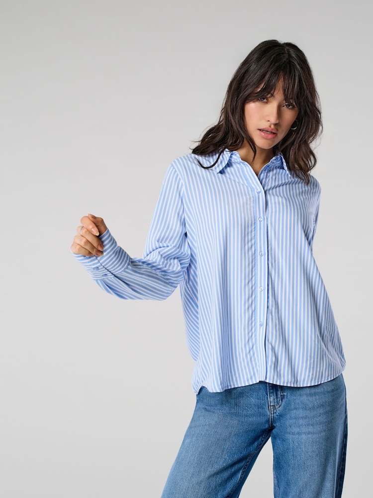 ONLY Blue Relaxed Fit Striped Shirt - Image 1 of 3