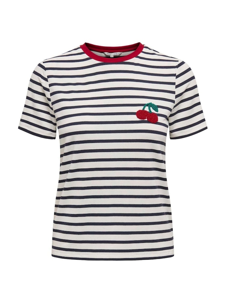 ONLY Cherry Embroidered Stripe T-Shirt - Imagen 2 de 3