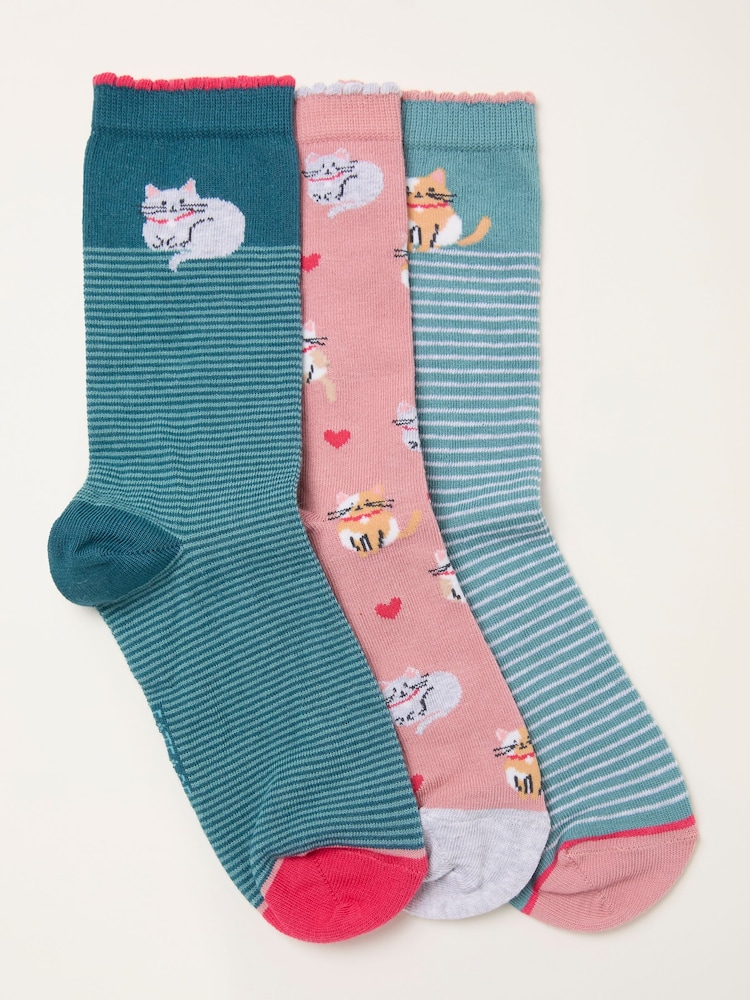 FatFace Green 3 Pairs of Cat Socks - Image 1 of 2 FatFace Green 3 Pairs of Cat Socks - Image 1 of 2