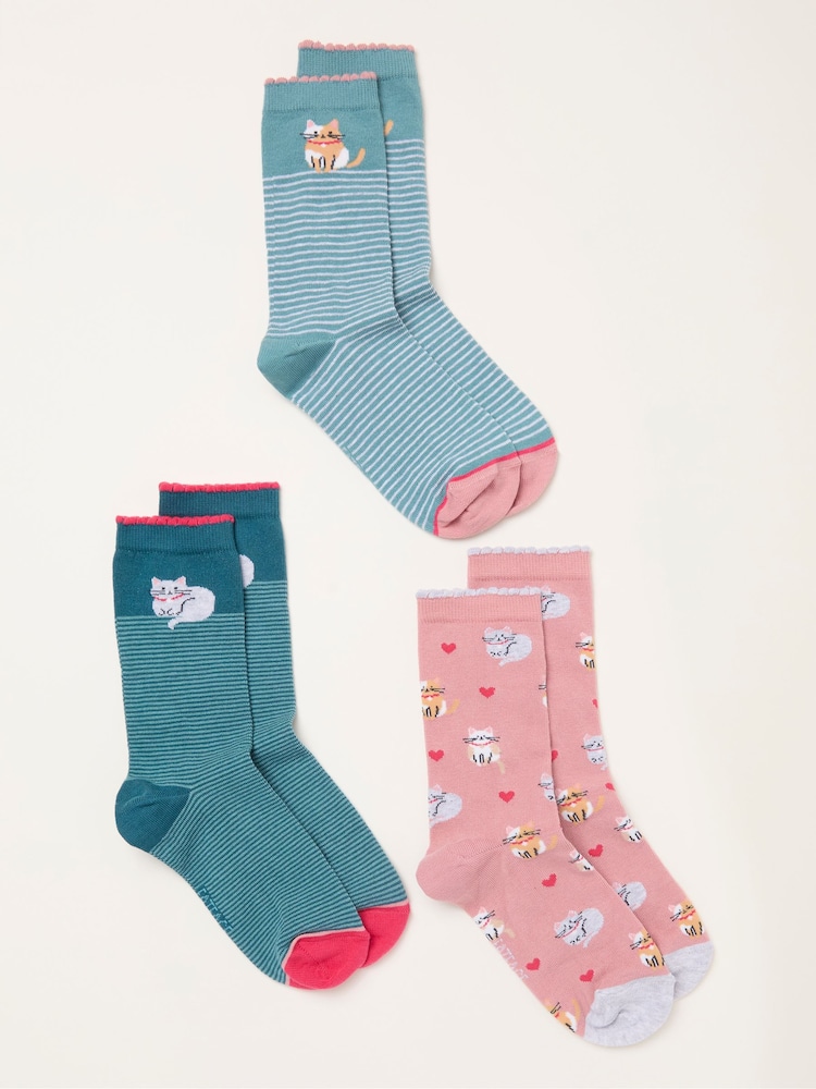 FatFace Green 3 Pairs of Cat Socks - Image 2 of 2 FatFace Green 3 Pairs of Cat Socks - Image 2 of 2