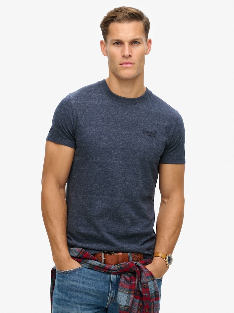Superdry Indigo Blue Essential Short Sleeve Embroidered T-Shirt - Image 1 of 7 Superdry Indigo Blue Essential Short Sleeve Embroidered T-Shirt - Image 1 of 7