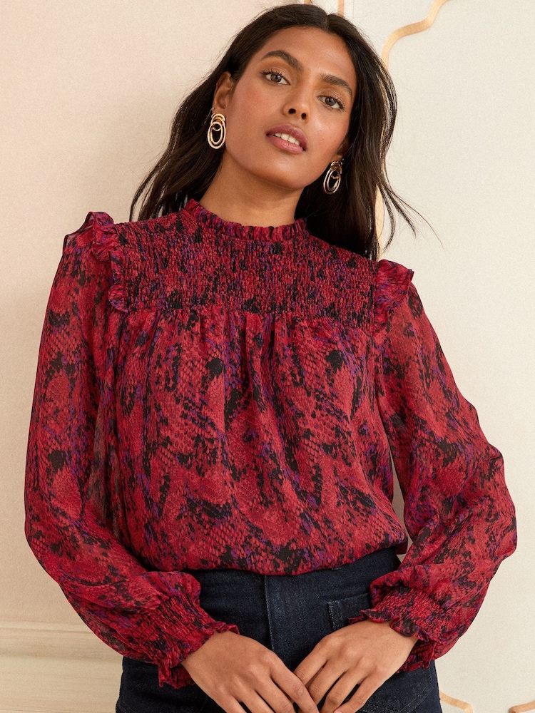 Love & Roses Red Snake Petite Long Sleeve Shirred Blouse - Image 1 of 4