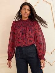 Love & Roses Red Snake Petite Long Sleeve Shirred Blouse - Image 2 of 4