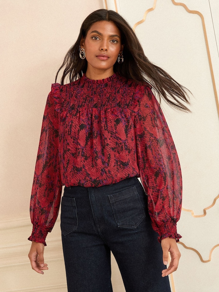 Love & Roses Red Snake Petite Long Sleeve Shirred Blouse - Image 2 of 4