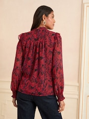 Love & Roses Red Snake Petite Long Sleeve Shirred Blouse - Image 4 of 4