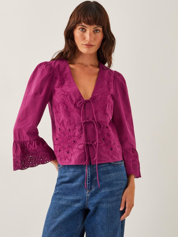 Monsoon Saoirse Broderie Tie 100% Cotton Blouse - Imagen 1 de 5