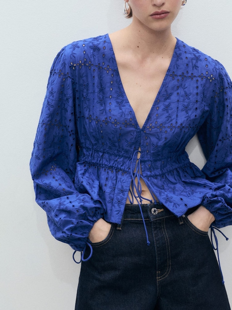 Mango Blue Broderie Anglaise Blouse - Image 1 of 5 Mango Blue Broderie Anglaise Blouse - Image 1 of 5