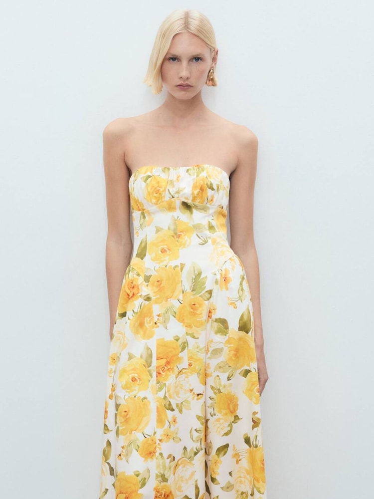 Mango Yellow Floral Print Structured Midi Dress - Image 1 of 6