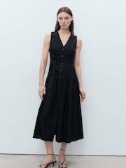 Mango Black Button Through Belted Linen Blend Midi Dress - Image 1 of 6