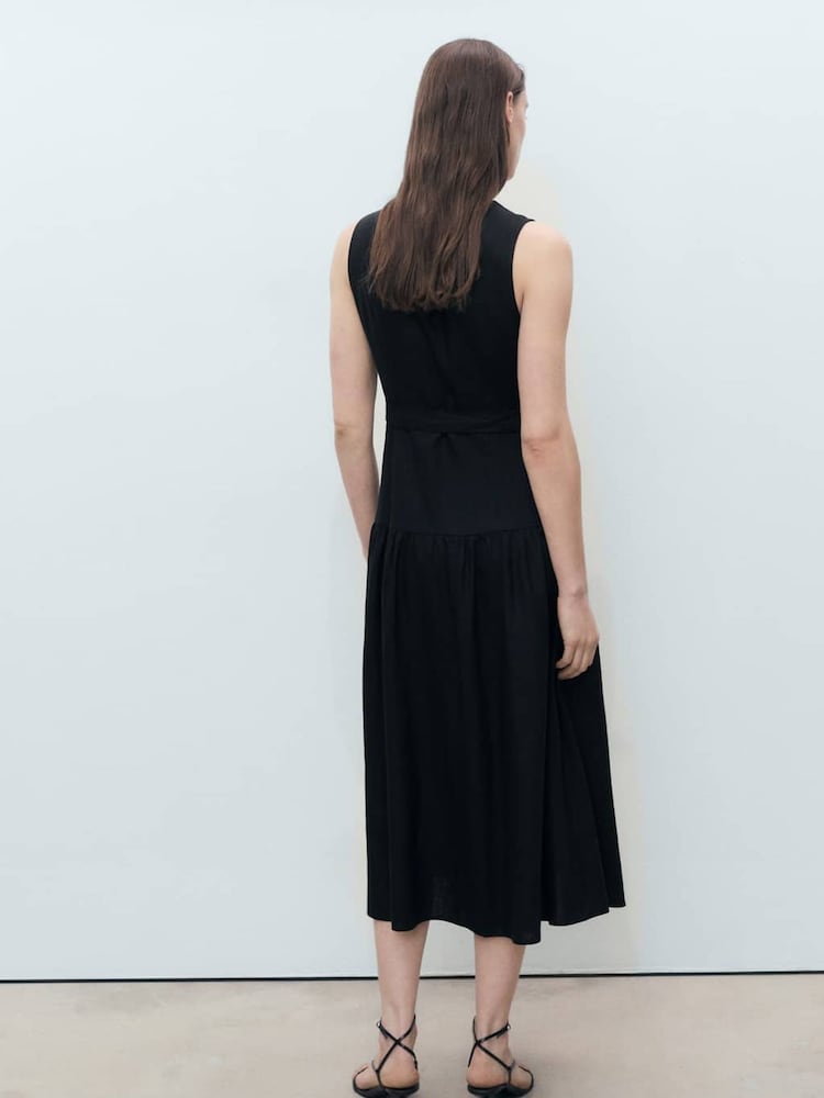 Mango Black Button Through Belted Linen Blend Midi Dress - Image 2 of 6 Mango Black Button Through Belted Linen Blend Midi Dress - Image 2 of 6