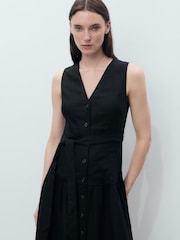 Mango Black Button Through Belted Linen Blend Midi Dress - Image 3 of 6