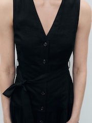 Mango Black Button Through Belted Linen Blend Midi Dress - Image 4 of 6
