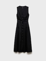 Mango Black Button Through Belted Linen Blend Midi Dress - Image 5 of 6