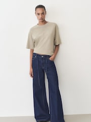 Mango Blue 100% Cotton Drawstring Waist Wide Leg Jeans - Image 1 of 6