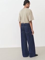 Mango Blue 100% Cotton Drawstring Waist Wide Leg Jeans - Image 2 of 6