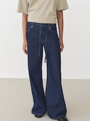 Mango Blue 100% Cotton Drawstring Waist Wide Leg Jeans - Image 3 of 6