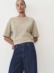 Mango Blue 100% Cotton Drawstring Waist Wide Leg Jeans - Image 4 of 6