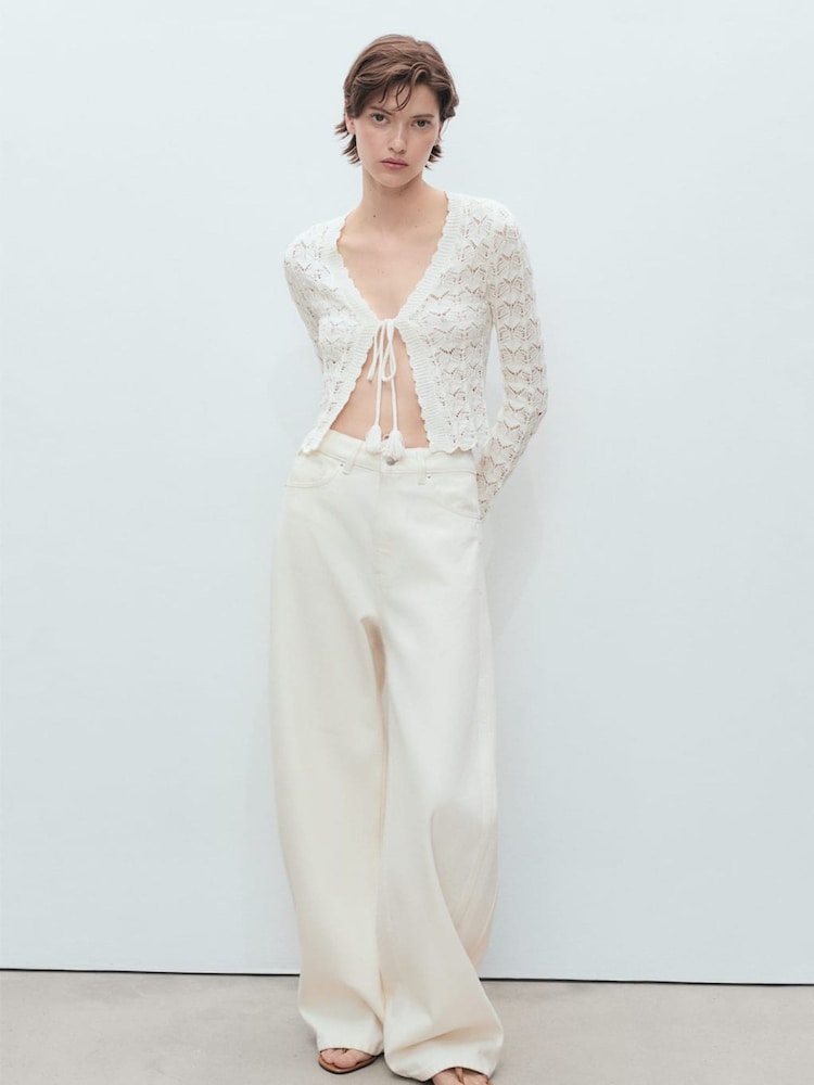 Mango White Crochet Knitted Tie Front Cardigan - Image 1 of 7