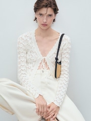 Mango White Crochet Knitted Tie Front Cardigan - Image 3 of 7