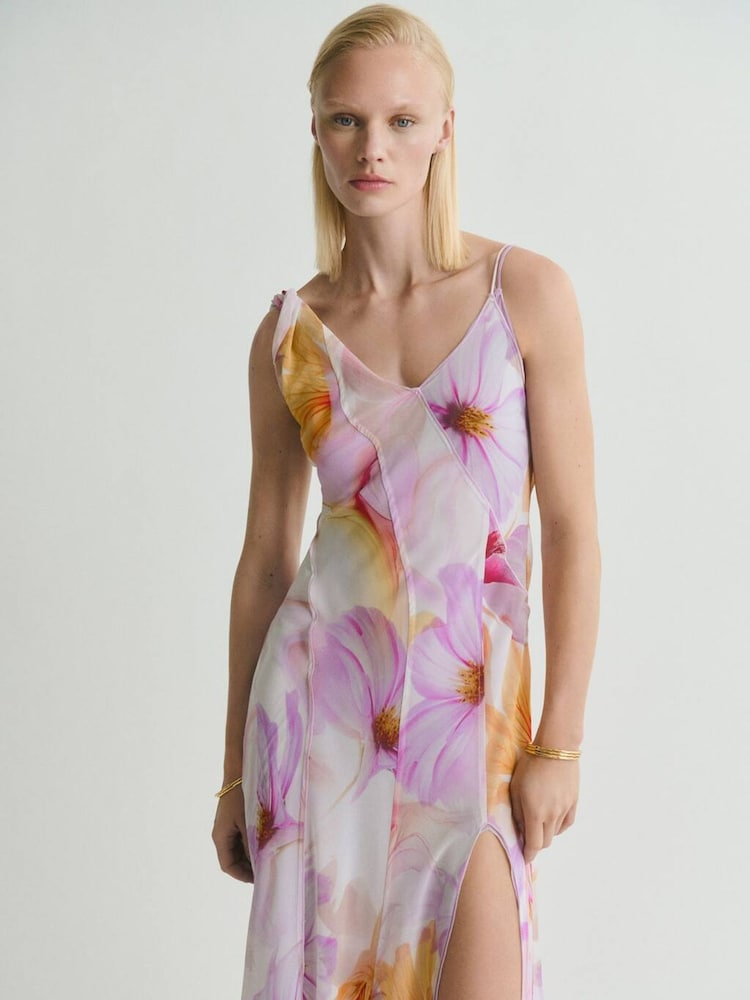 Mango Purple Blurred Floral Print Occasion Maxi Dress - Image 1 of 5 Mango Purple Blurred Floral Print Occasion Maxi Dress - Image 1 of 5