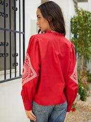 Another Sunday Red Embroidered Button Through Ruffle Collar 100% Cotton Blouse - Image 2 of 5