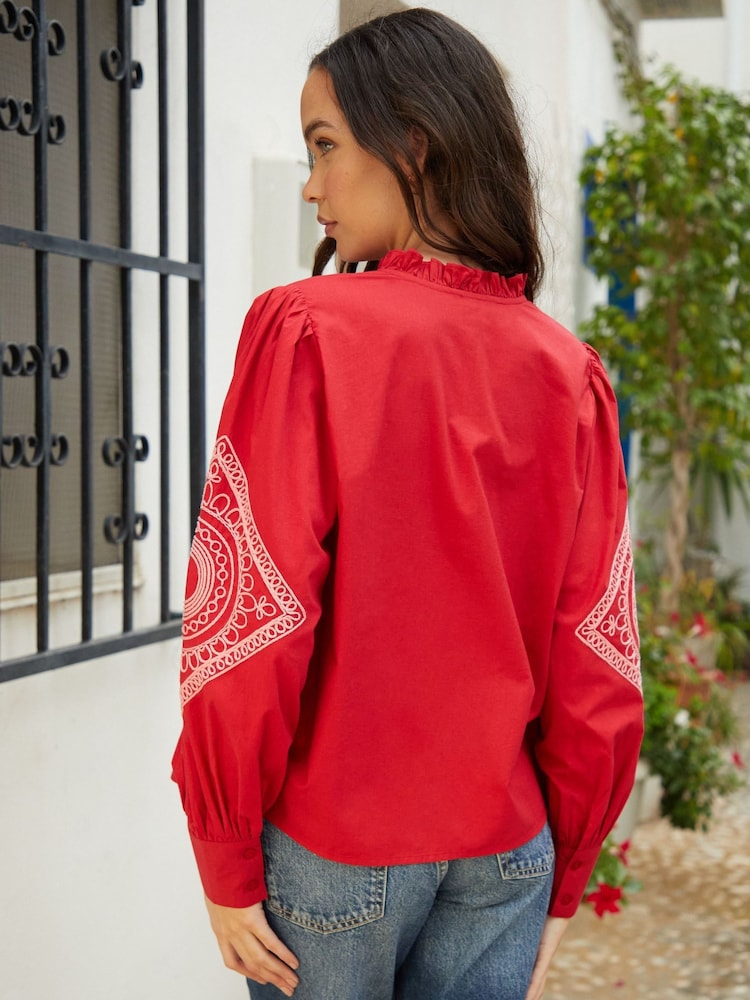 Another Sunday Red Embroidered Button Through Ruffle Collar 100% Cotton Blouse - Image 2 of 5