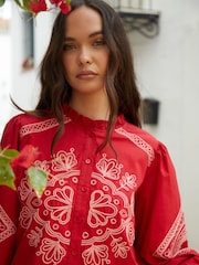 Another Sunday Red Embroidered Button Through Ruffle Collar 100% Cotton Blouse - Image 3 of 5
