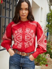 Another Sunday Red Embroidered Button Through Ruffle Collar 100% Cotton Blouse - Image 4 of 5