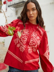 Another Sunday Red Embroidered Button Through Ruffle Collar 100% Cotton Blouse - Image 5 of 5