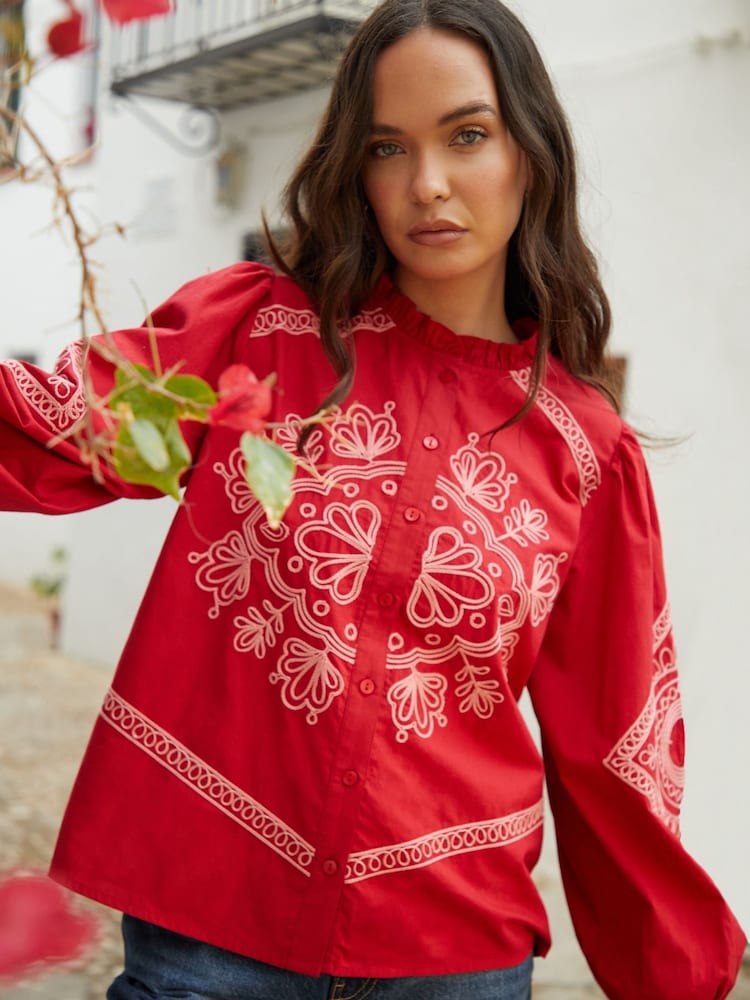 Another Sunday Red Embroidered Button Through Ruffle Collar 100% Cotton Blouse - Image 5 of 5