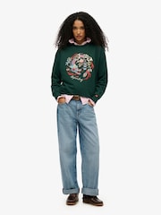 Superdry Green Suika Embroidered Loose Crew 100% Cotton Sweatshirt - Image 1 of 5