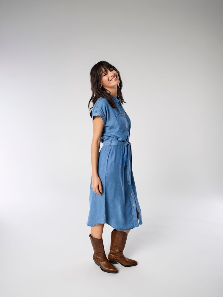 ONLY Blue Short Sleeve Chambray Shirt Dress - Image 1 of 4