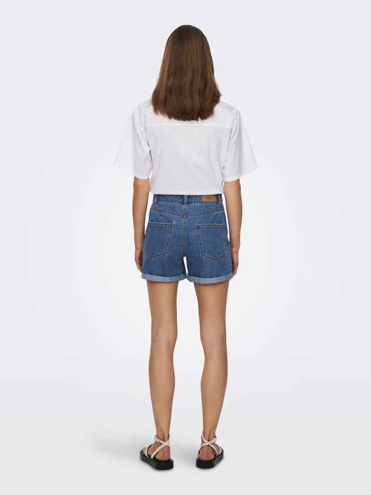 ONLY Blue High Waist Mom Denim 100% Cotton Shorts - Image 4 of 7