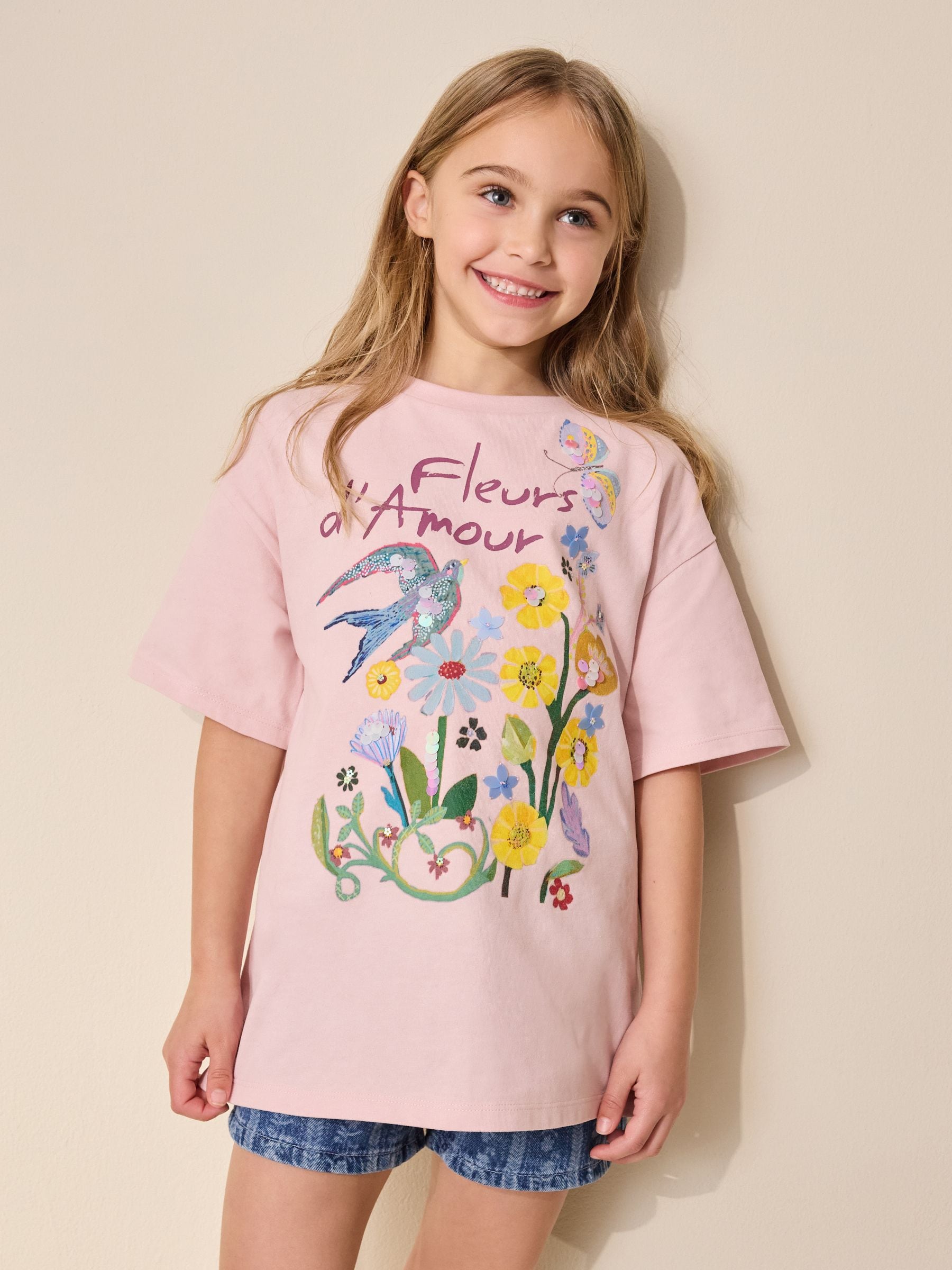 ♡M♡ Buy Pink Floral Sequin Graphic T-Shirt (3-16yrs) from the Next UK