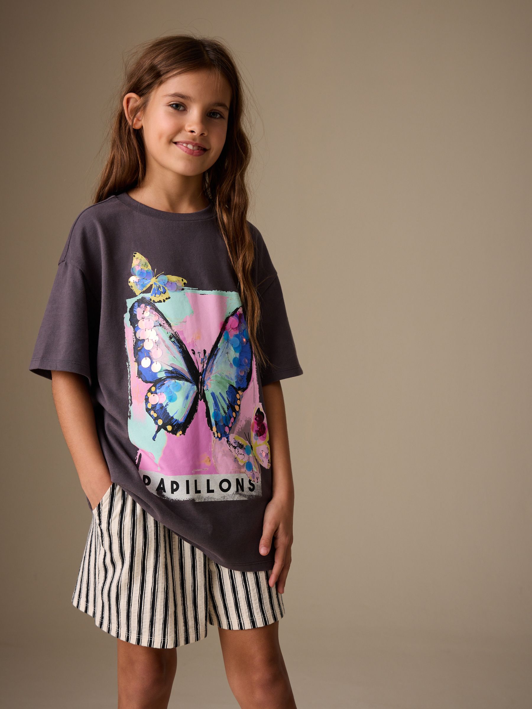 Buy Charcoal Grey Butterfly Sequin Graphic T-Shirt (3-16yrs) from