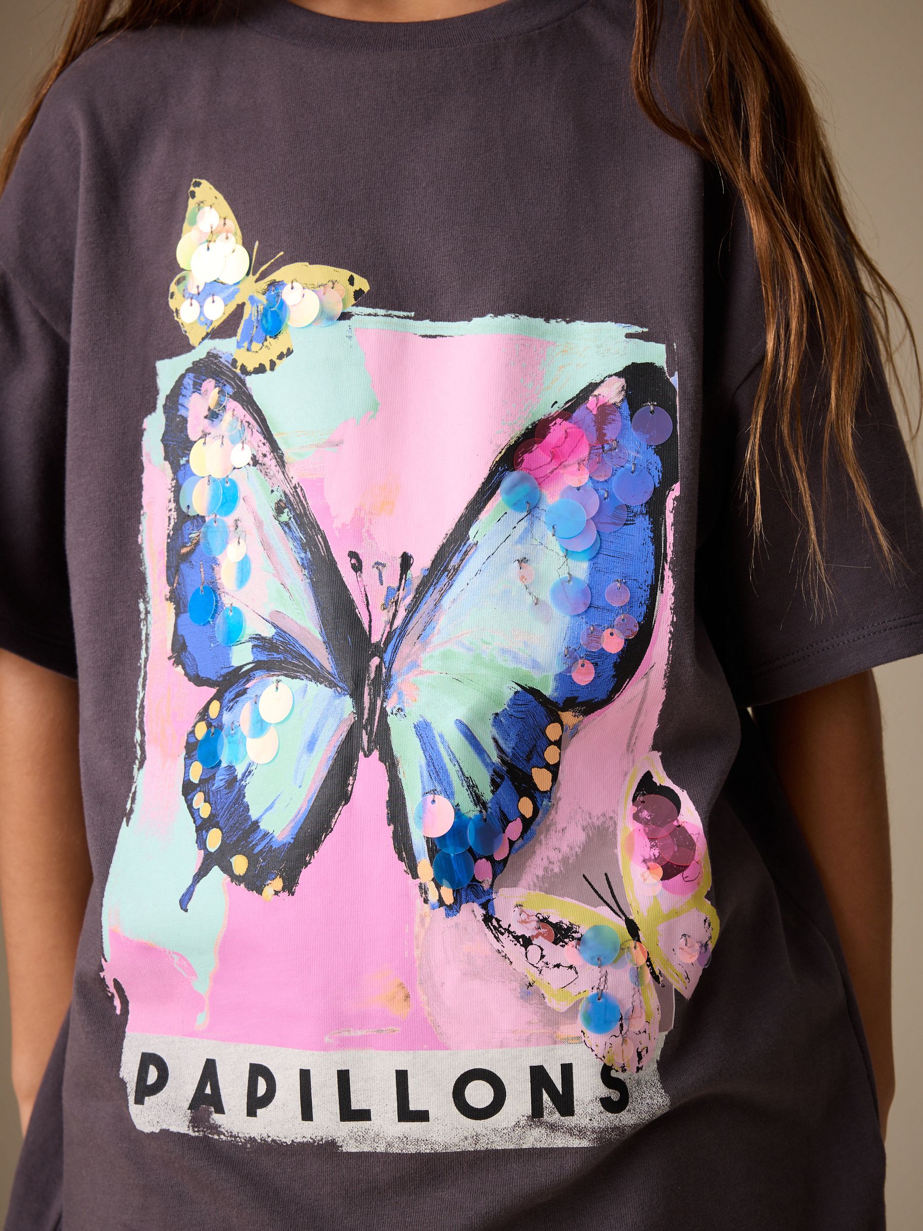 Buy Charcoal Grey Butterfly Sequin Graphic T-Shirt (3-16yrs) from
