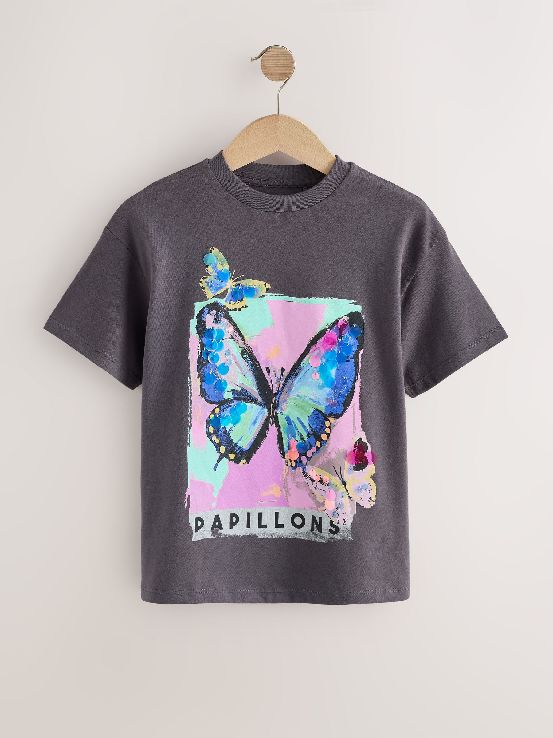Buy Charcoal Grey Butterfly Sequin Graphic T-Shirt (3-16yrs) from