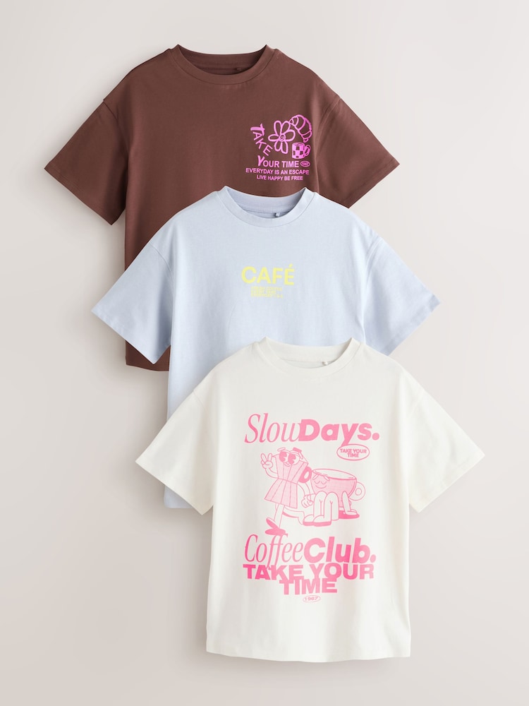 Chocolate Brown Cafe Oversized Graphic T-Shirts 3 Pack (3-16yrs) - Image 1 of 7