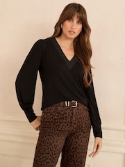 Love & Roses Black V-Neck Chiffon Mix Jersey Top - Image 1 of 4