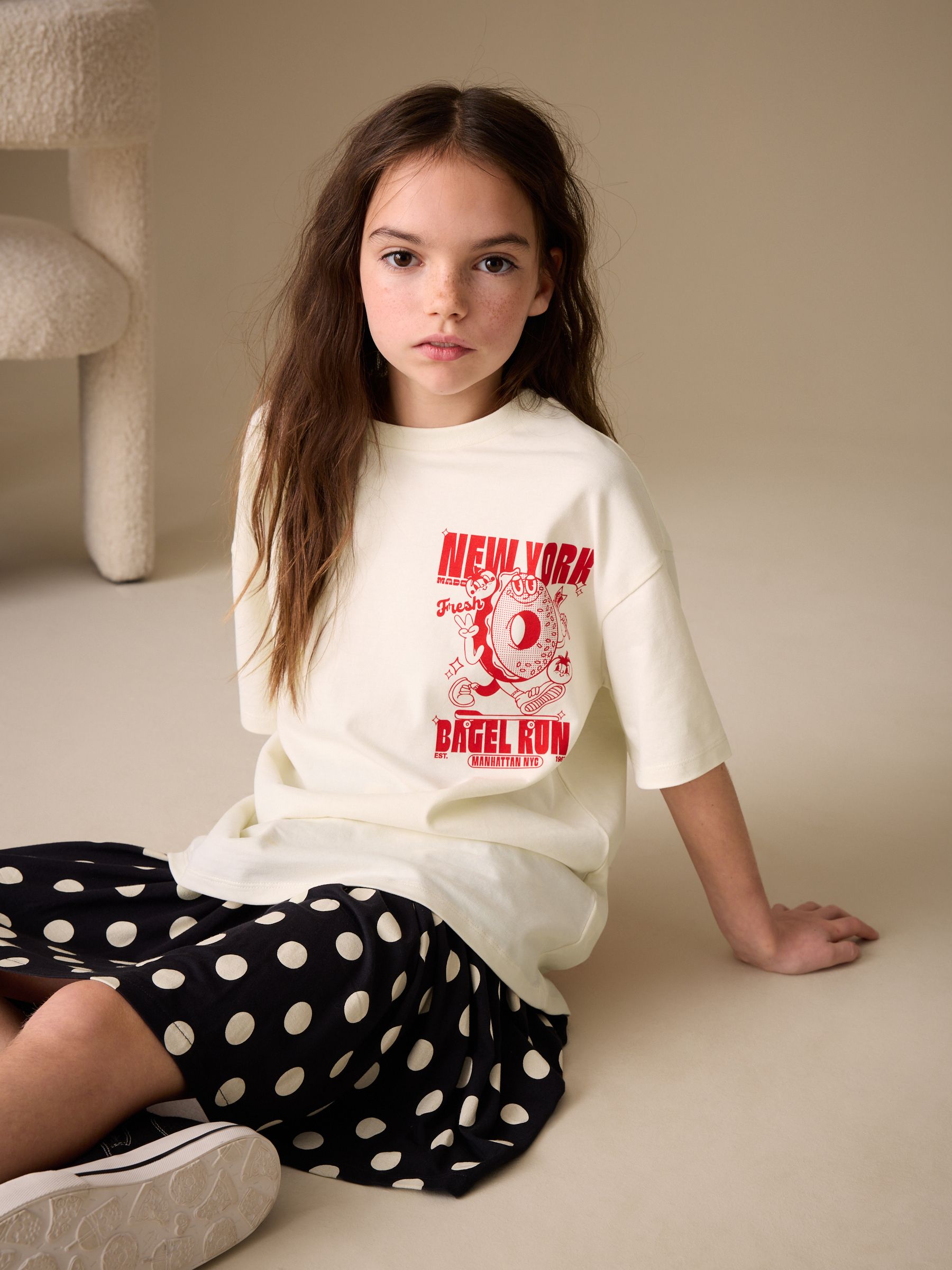 Buy Ecru Bagel Oversized Graphic Print T-Shirt (3-16yrs) from the