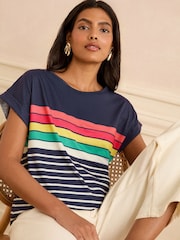 Love & Roses Navy Rainbow Stripe Crew Neck Jersey T-Shirt - Image 1 of 4