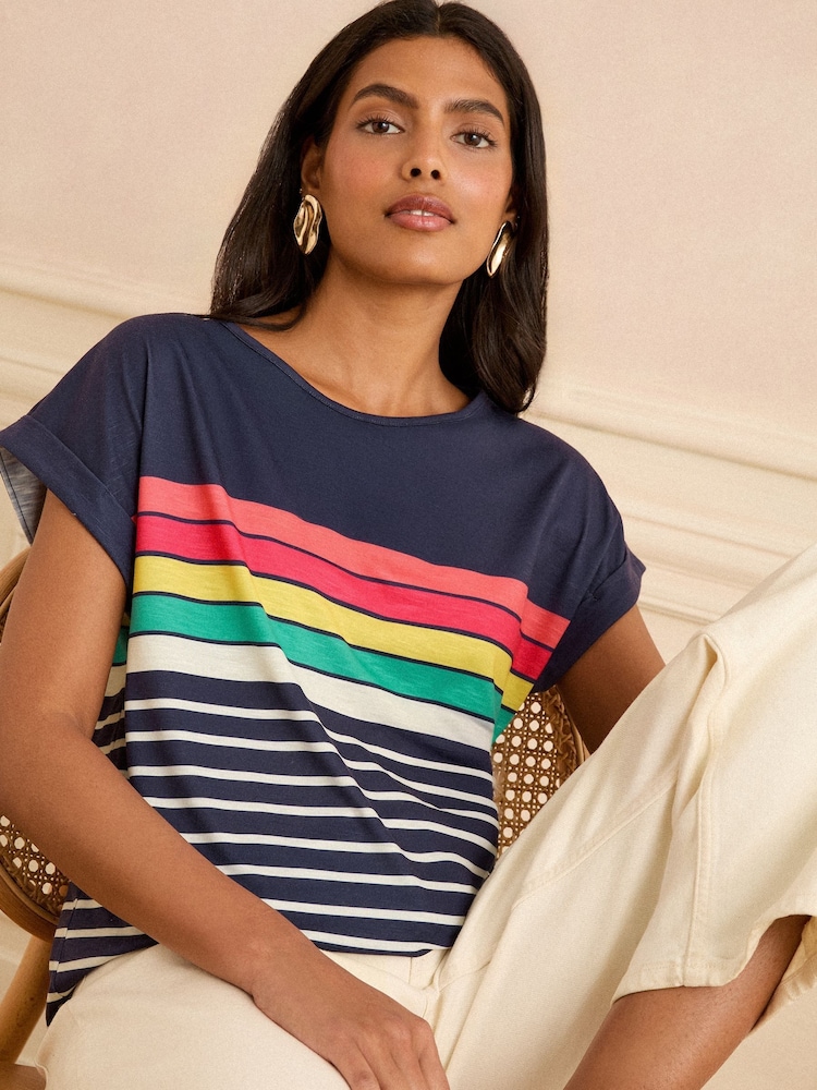 Love & Roses Navy Rainbow Stripe Crew Neck Jersey T-Shirt - Image 1 of 4 Love & Roses Navy Rainbow Stripe Crew Neck Jersey T-Shirt - Image 1 of 4
