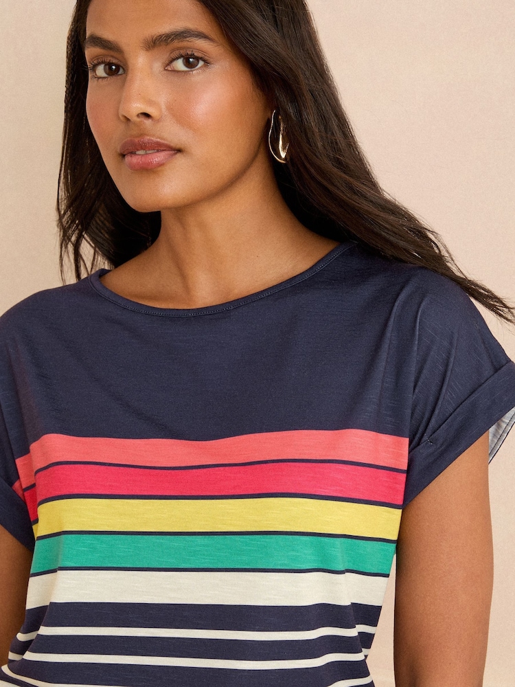 Love & Roses Navy Rainbow Stripe Crew Neck Jersey T-Shirt - Image 2 of 4 Love & Roses Navy Rainbow Stripe Crew Neck Jersey T-Shirt - Image 2 of 4