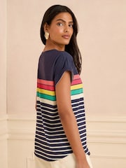 Love & Roses Navy Rainbow Stripe Crew Neck Jersey T-Shirt - Image 4 of 4