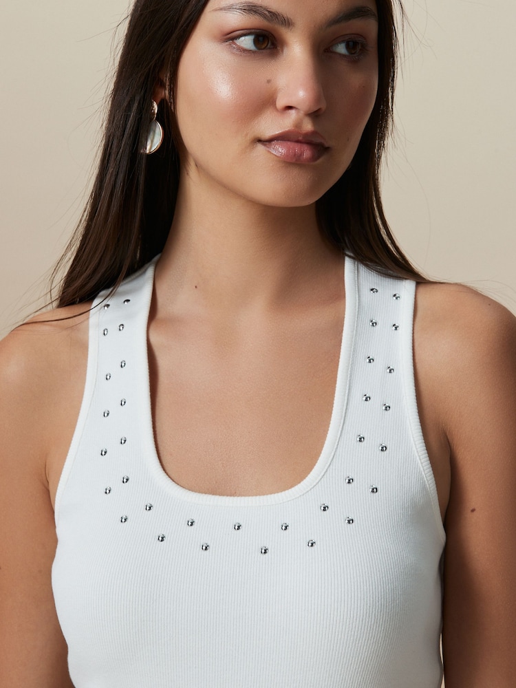 Ecru Studded Scoop Rib Vest - Image 4 of 4 Ecru Studded Scoop Rib Vest - Image 4 of 4