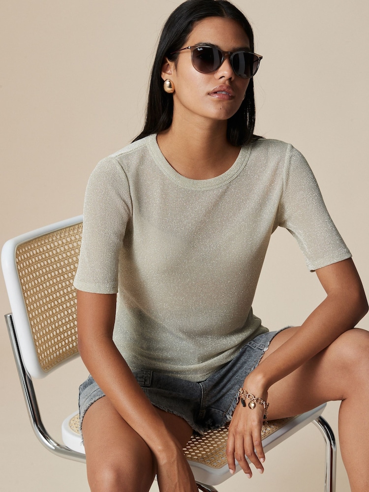 Champagne Gold Sparkle Half Sleeve Crew Neck T-shirt - Image 1 of 4 Champagne Gold Sparkle Half Sleeve Crew Neck T-shirt - Image 1 of 4