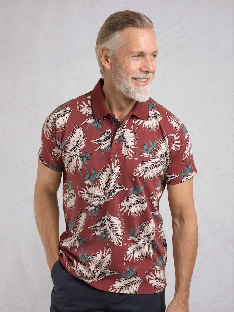Weird Fish Red Sarat Printed 100% Cotton Polo Shirt - Image 1 of 6