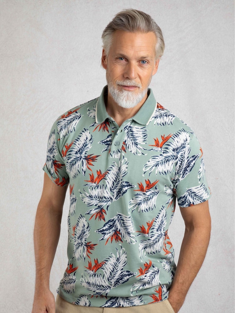 Weird Fish Blue Sarat Printed 100% Cotton Polo Shirt - Image 1 of 7