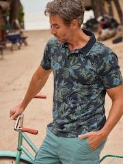 Weird Fish Blue Sarat Printed 100% Cotton Polo Shirt - Image 5 of 7
