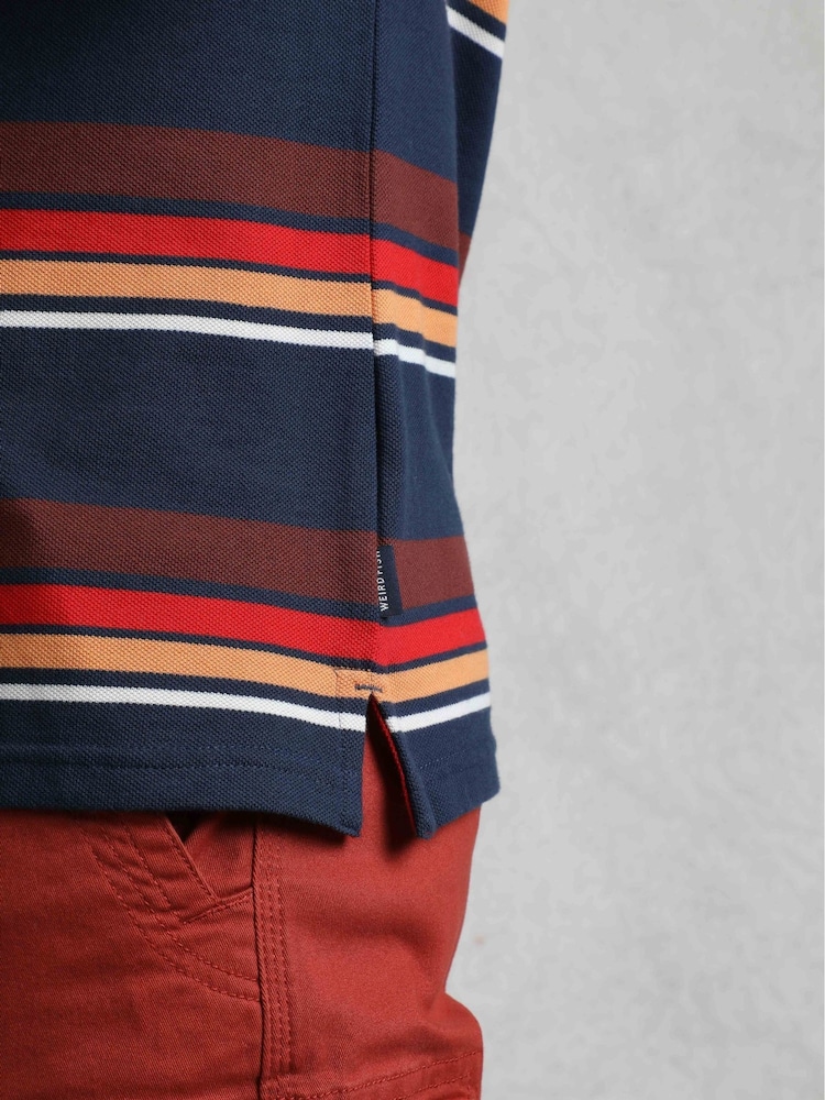 Weird Fish Blue Sunbury Striped Pique 100% Cotton Polo Shirt - Image 5 of 7